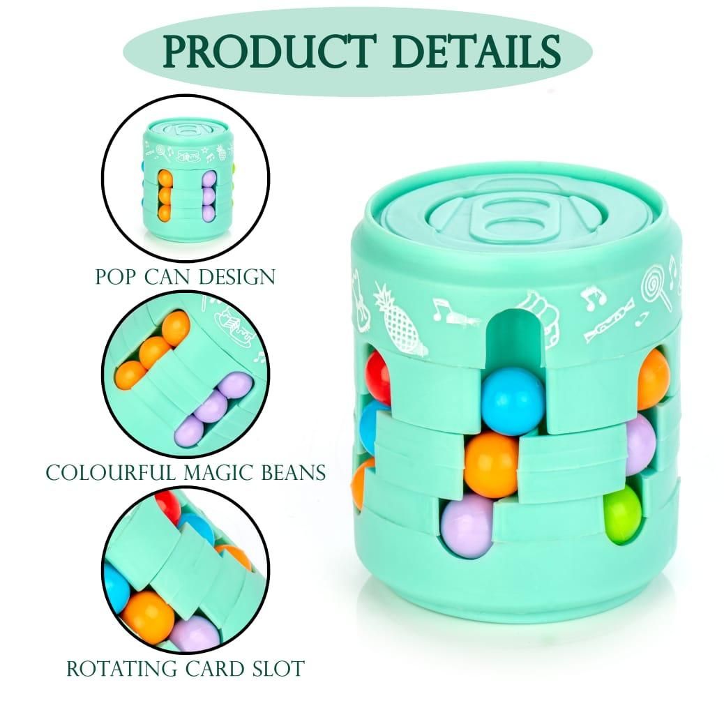 Teal toy with colorful magic beans and pop can design on a white background