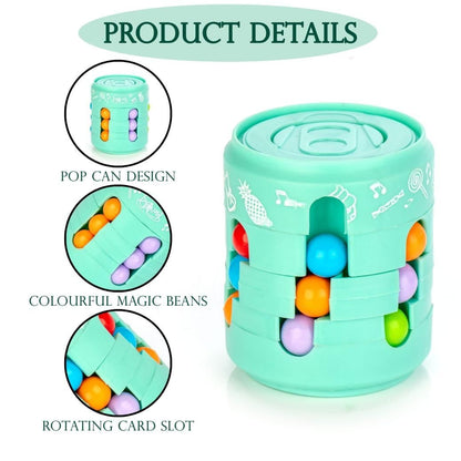 Teal toy with colorful magic beans and pop can design on a white background