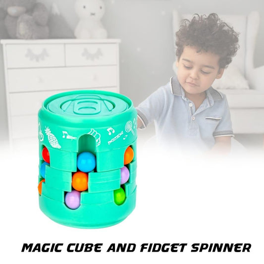 Child playing with a magic cube and fidget spinner toy in a room.