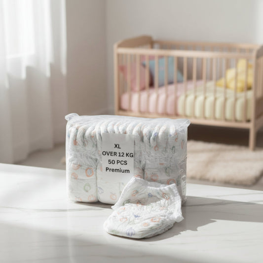 Pack of affordable baby diapers XL, 50 pieces, designed for comfort and durability for babies over 12 kg