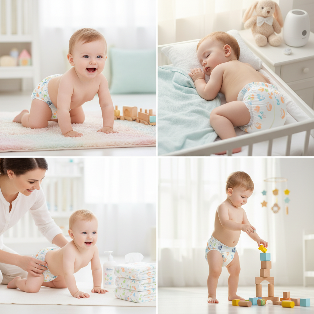 Babies wearing natural XXL diapers by Daily Baby Care crawling, sleeping, and playing indoors