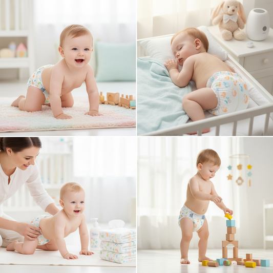 Babies wearing natural XXL diapers by Daily Baby Care crawling, sleeping, and playing indoors