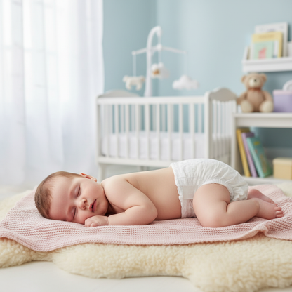 Sleeping baby wearing natural newborn diapers from Daily Baby Care on a soft blanket in a nursery