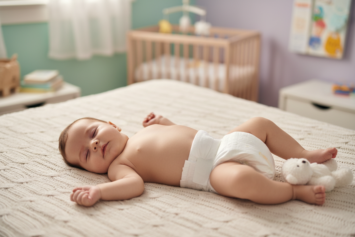Sleeping baby wearing Daily Baby Care natural newborn diapers lying on a bed with a stuffed toy nearby