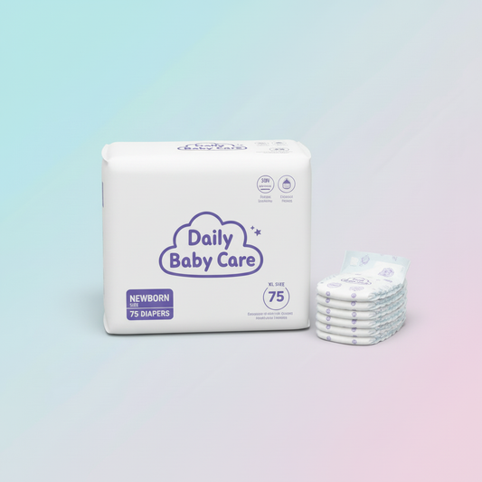 Daily Baby Care natural newborn diapers pack with 75 newborn size diapers displayed next to it