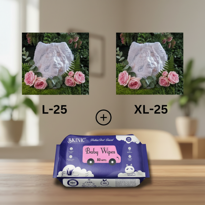 Organic baby diaper combo featuring size L-25 and XL-25 with matching baby wipes pack