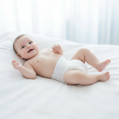 Happy baby wearing Daily Baby Care organic newborn diapers lying on a white bed in natural light