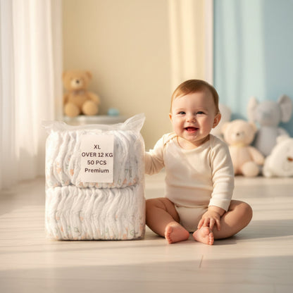 Pack of XL baby diapers with wipes featuring floral designs in a clear bag for easy storage